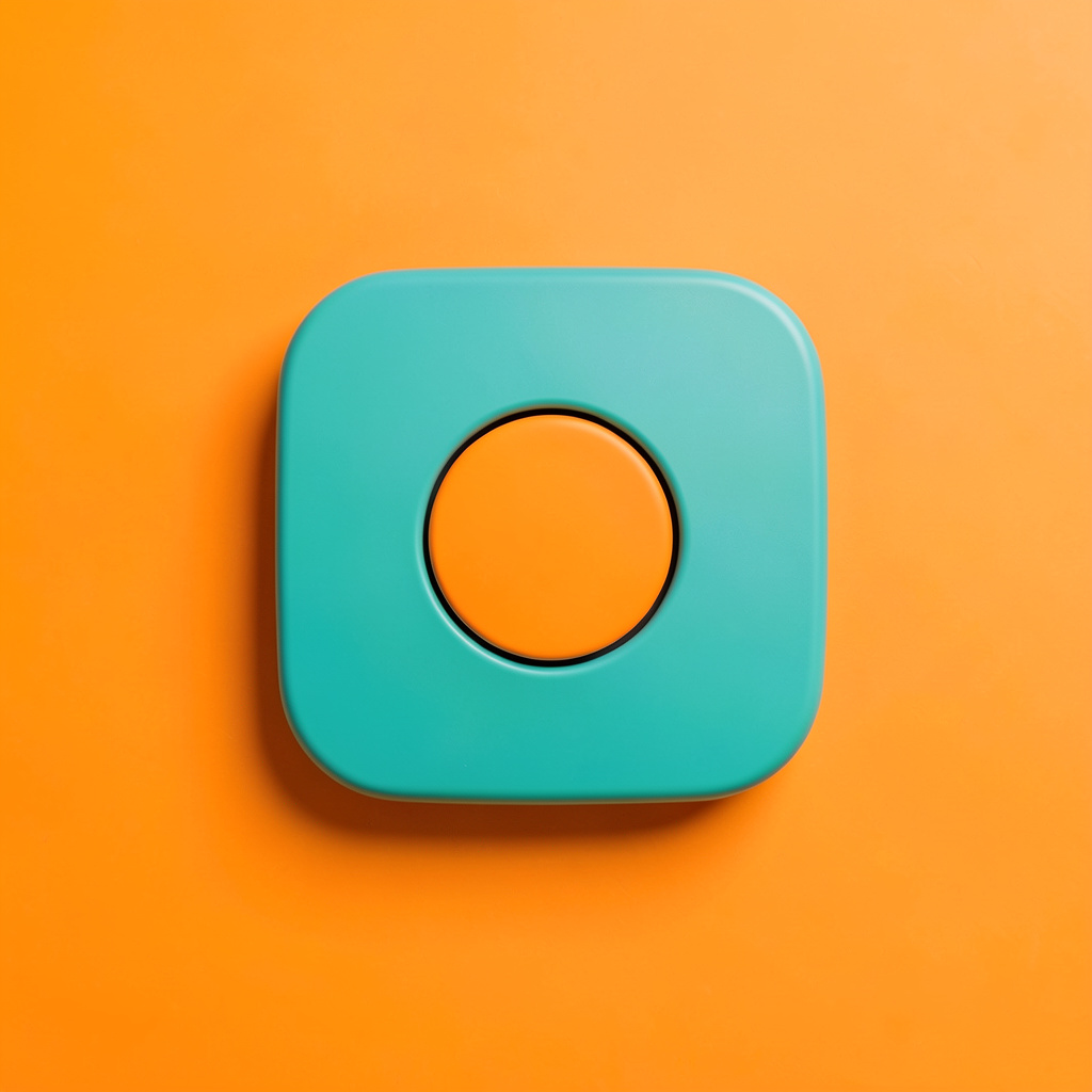 A clean studio photograph on a seamless light grey backdrop of a rounded teal icon tile with an orange circular accent, casting a gentle shadow.