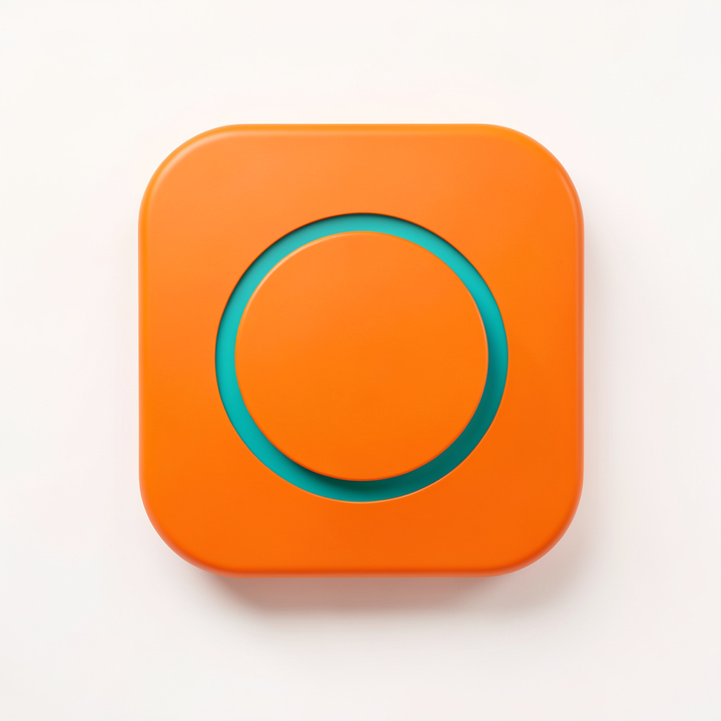 A crisp studio photograph on a seamless white backdrop showing a rounded orange icon tile with a subtle teal accent ring, softly lit from above.