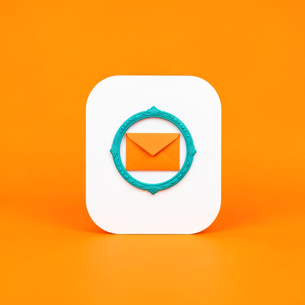 A studio photograph on a seamless off-white backdrop of a rounded white card with an orange envelope icon and a teal decorative ring, evenly lit.