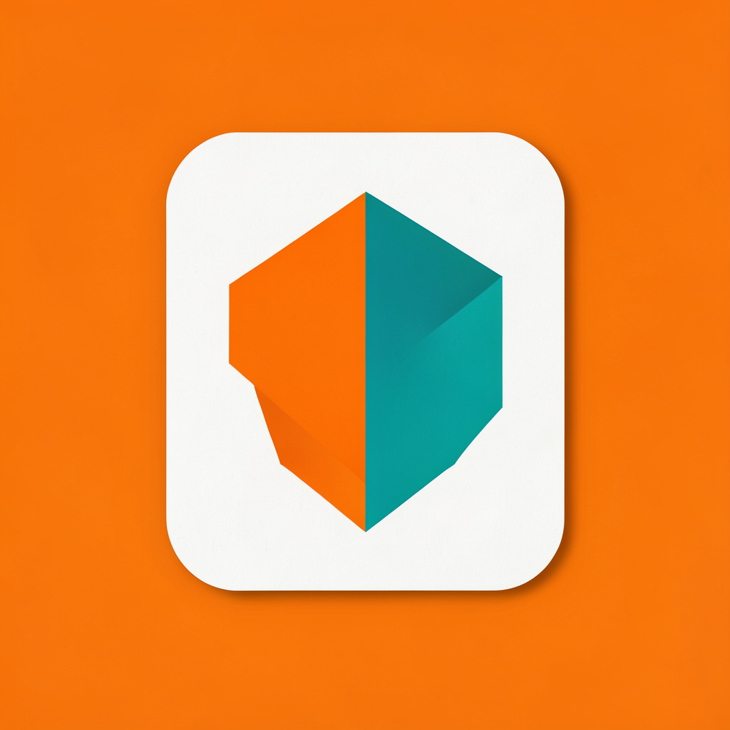 A crisp studio photograph on a seamless light backdrop of a rounded card featuring an abstract orange and teal geometric motif, softly shadowed.