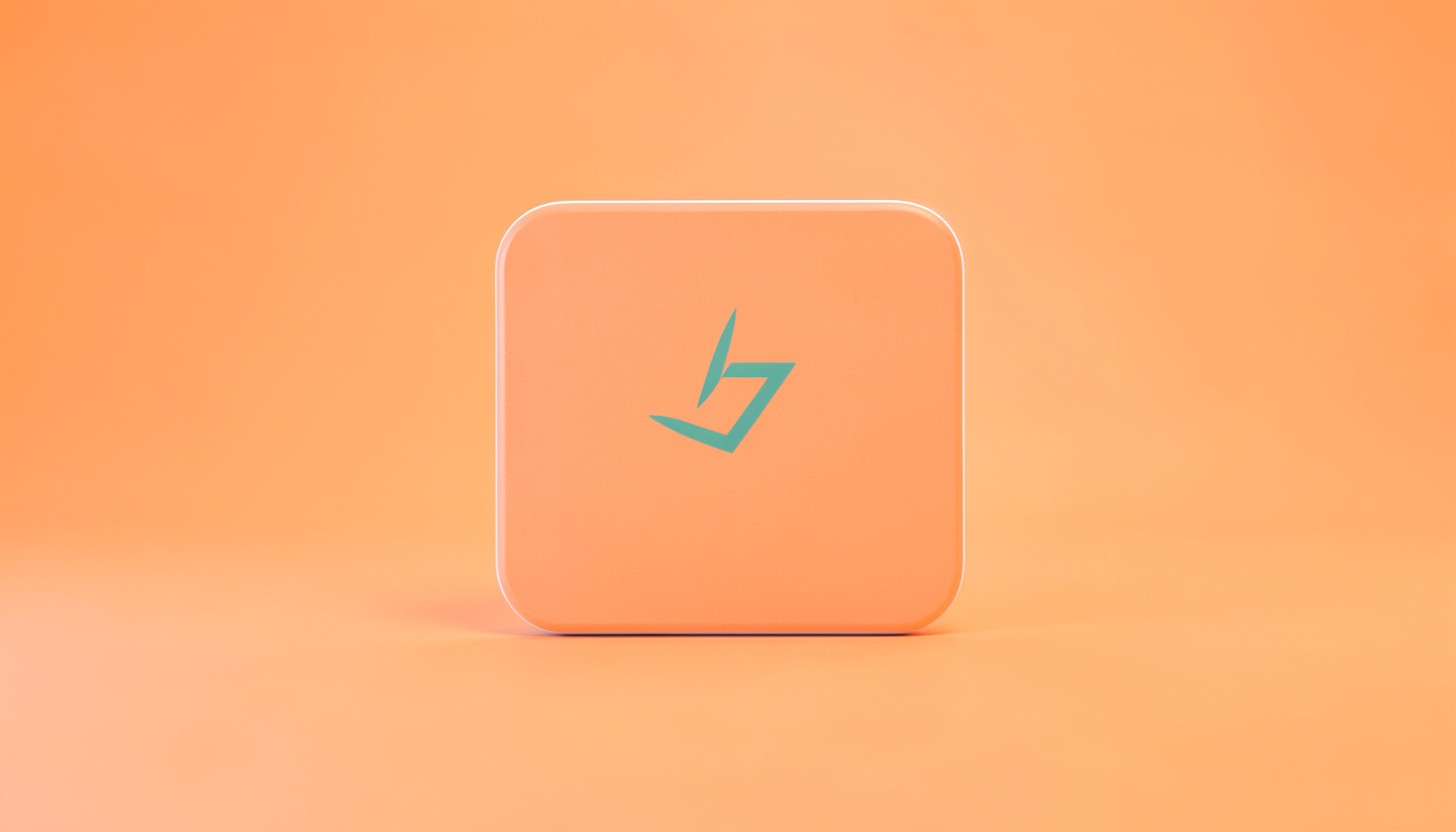 A studio photograph on a seamless white backdrop of a minimalist rounded square tile in soft orange with a subtle teal geometric mark, clean and corporate.